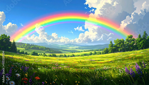 花咲く草原にかかる虹の幻想的なイラスト背景