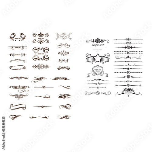 Collection of decorative design elements, including dividers, flourishes, and banners in a vintage style.