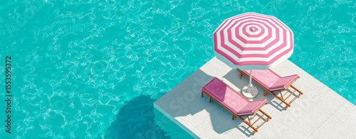 Two pink loungers and a striped umbrella by a turquoise swimming pool.