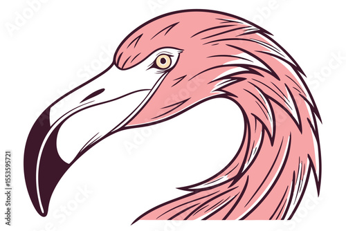 Pink flamingo with an elegant curved neck looks towards an unseen horizon gracefully