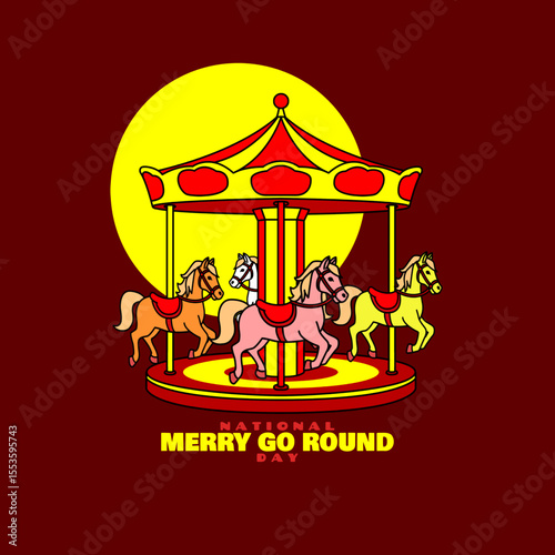 National Merry-Go-Round Day or Carousel to celebrate on July 25th. Children's amusement ride with horse riding and spinning theme in the amusement park area on maroon background.