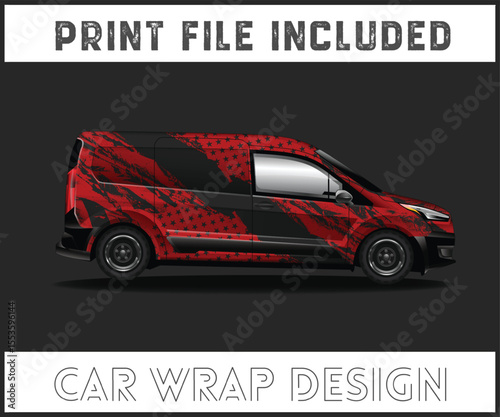 Red and Black Car Wrap Design with Stars