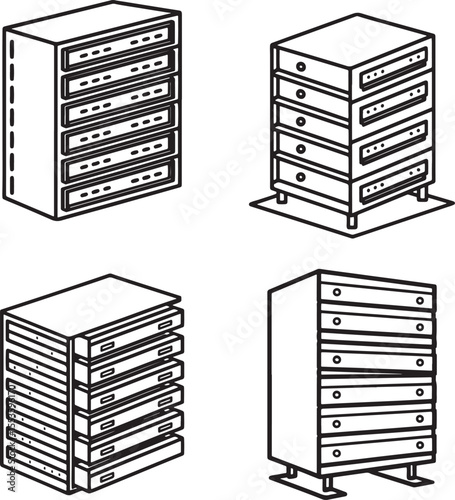 A tall chest of drawers with seven drawers and round knobs presented in a clean minimalist line art silhouette style