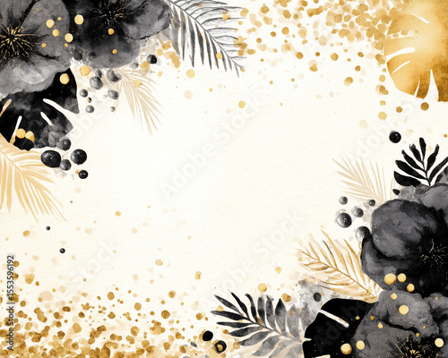Floral design with gold accents featuring black flowers and greenery on a light background