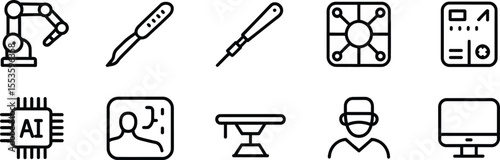 Technology and Manufacturing Icons Including AI, Robot, and Engineering Tools for Digital Design