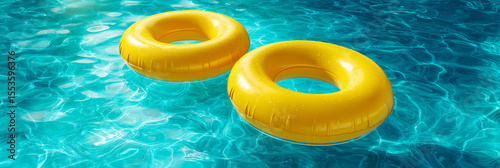Two yellow pool floats drifting on clear blue water.