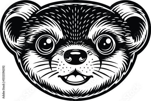 Fierce raccoon face displays its sharp teeth in a detailed black and white vector