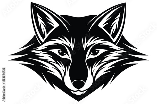 Monochrome stylized fox head showcases detailed linear work and sharp, angular facial features