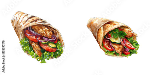 chicken gyro watercolor vector illustration