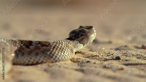 Desert rattlesnake moving on sandy ground, blurred background