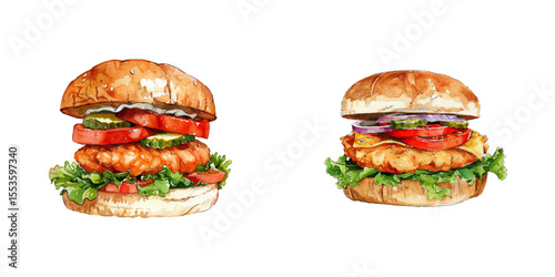 chicken burger watercolor vector illustration
