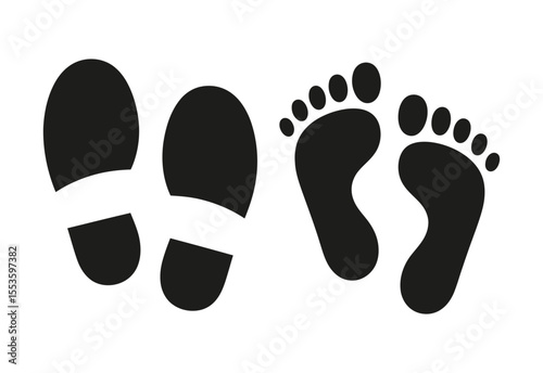 Black silhouette of shoe prints and bare footprints on a white background