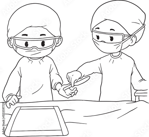 Black and white cartoon illustration of two surgeons in an operating room, dressed in scrubs, surgical caps, masks, and safety goggles, performing a medical procedure.