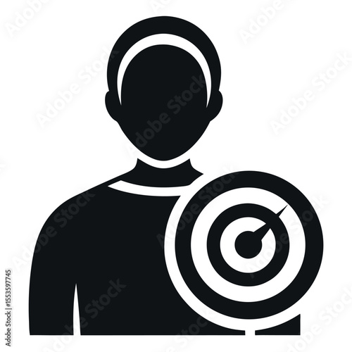 Aim icon vector bullseye target dartboard with male user profile avatar symbol for business development goals in glyph pictogram illustration
