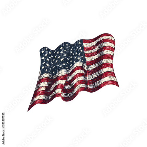 Simple Waving U.S. Flag Illustration – No Shadows, High Detail, Minimalist Look