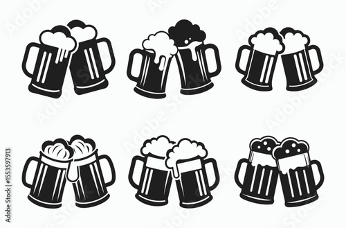 Two beer mug silhouette set, cheers vector icon isolated on white background, beverage celebration silhouette, black white illustration







