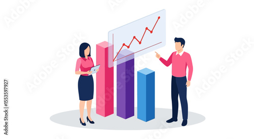 Business colleagues analyze upward trending data graph, showcasing growth and collaboration.