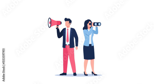 Business colleagues collaborate, one using a megaphone, the other using binoculars, symbolizing marketing and strategic planning.