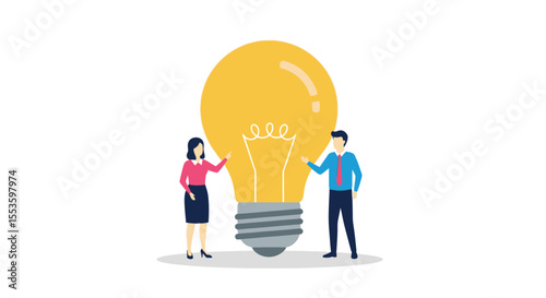 Two people stand beside and touch a large, glowing lightbulb, symbolizing an idea.