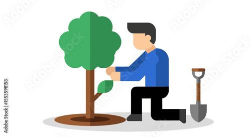 A cartoon man planting a tree, with a shovel nearby, in a simple, flat design.