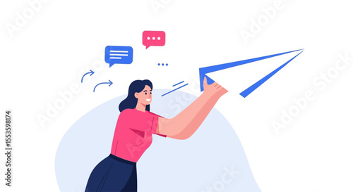 A woman launches a paper airplane, surrounded by communication bubbles, suggesting creative thinking and brainstorming.