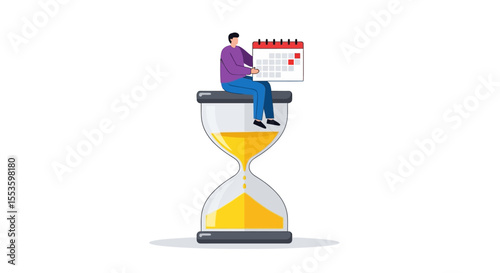 A person sits atop an hourglass, with a calendar, symbolizing the passage of time and scheduling.