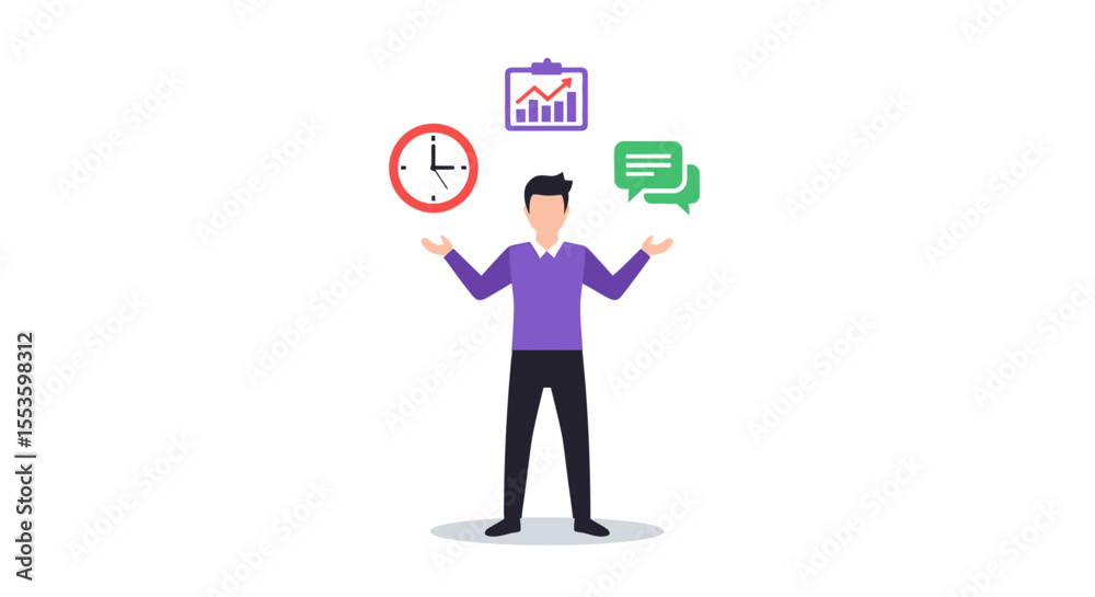 Businessman juggling time, communication, and tasks in a flat design. Businessman juggling time, communication, and tasks in a flat design.