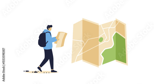 A traveler with a backpack consults a map for directions.