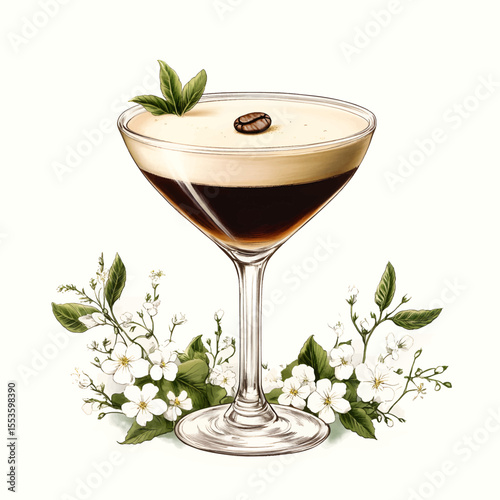 Elegant Espresso Martini Cocktail with Floral Decoration. Vector illustration