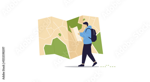 A man with a backpack looks at a map while walking, possibly planning a journey or finding his way.