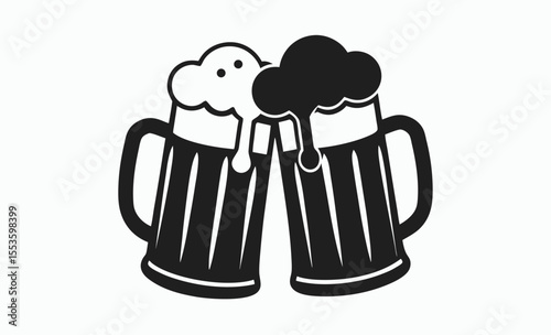 Two beer mug silhouette, cheers vector icon isolated on white background, beverage celebration silhouette, black white illustration







