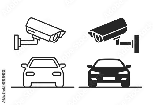 Security camera monitoring a car with both line art and solid silhouette icons