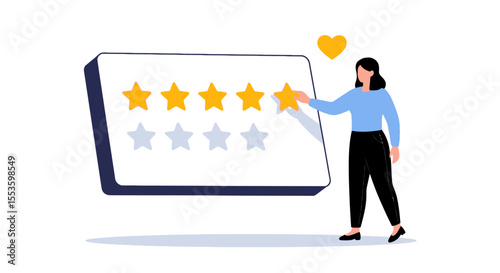 Woman giving a five-star rating by placing a star on a digital display, with a heart floating above.