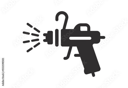Stylized black icon of a spray gun spraying a mist of liquid on a white background