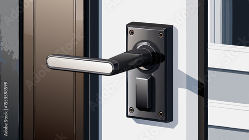 Close up of a matte black door lever handle attached to a modern minimalist white door The simple sleek design of the hardware contrasts against the clean contemporary look of the
