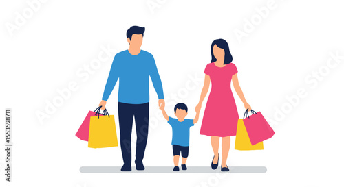 Happy family of three enjoys a shopping trip together, holding hands and carrying colorful shopping bags.