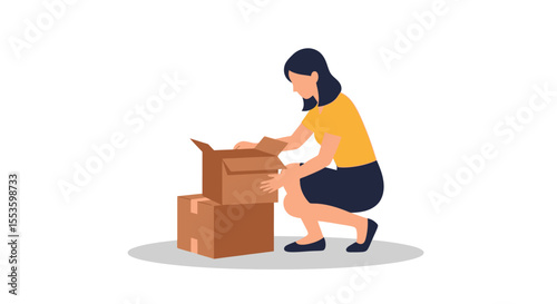 A woman is packing or unpacking cardboard boxes, preparing for a move.