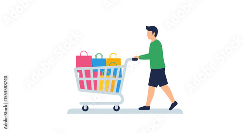 A person pushing a shopping cart filled with colorful bags.