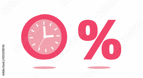 A pink clock showing time next to a percentage symbol, representing time.
