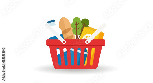 A red shopping basket overflowing with various groceries and fresh produce.