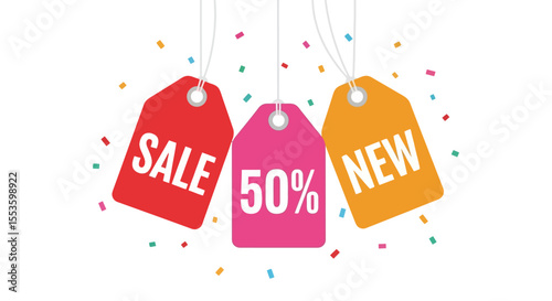 Three colorful price tags hanging with text indicating sale, new, and discount.