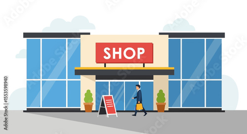 A person walks towards a shop entrance, carrying a bag, with a sign.