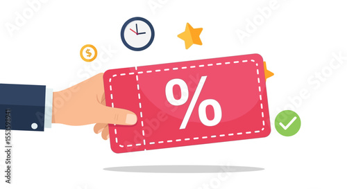 A hand presents a coupon with a percentage symbol, representing a discount offer.