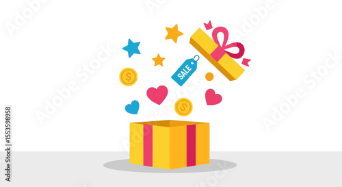 A vibrant, open gift box overflowing with celebratory stars, hearts, and coins.