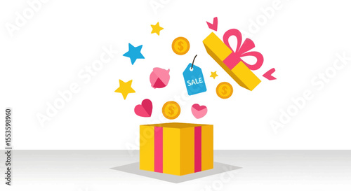 A yellow gift box opens, releasing various celebratory elements.