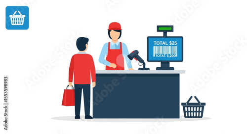 Customer at checkout counter with cashier, paying for groceries. Shopping basket icon in corner.