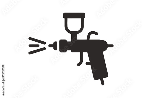 Black silhouette of a spray gun with paint spraying out on a white background