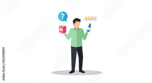 Man holding a box with a question mark and a bottle with a five-star review, expressing confusion or satisfaction.