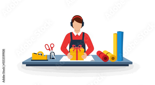 A person carefully wraps a gift at a work table, surrounded by wrapping supplies and tools.