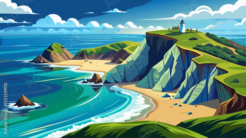 Breathtaking view of Cape Reinga, New Zealand, where the Tasman Sea meets the Pacific Ocean. Dramatic coastal cliffs, crashing waves, and rugged shoreline under a clear blue sky